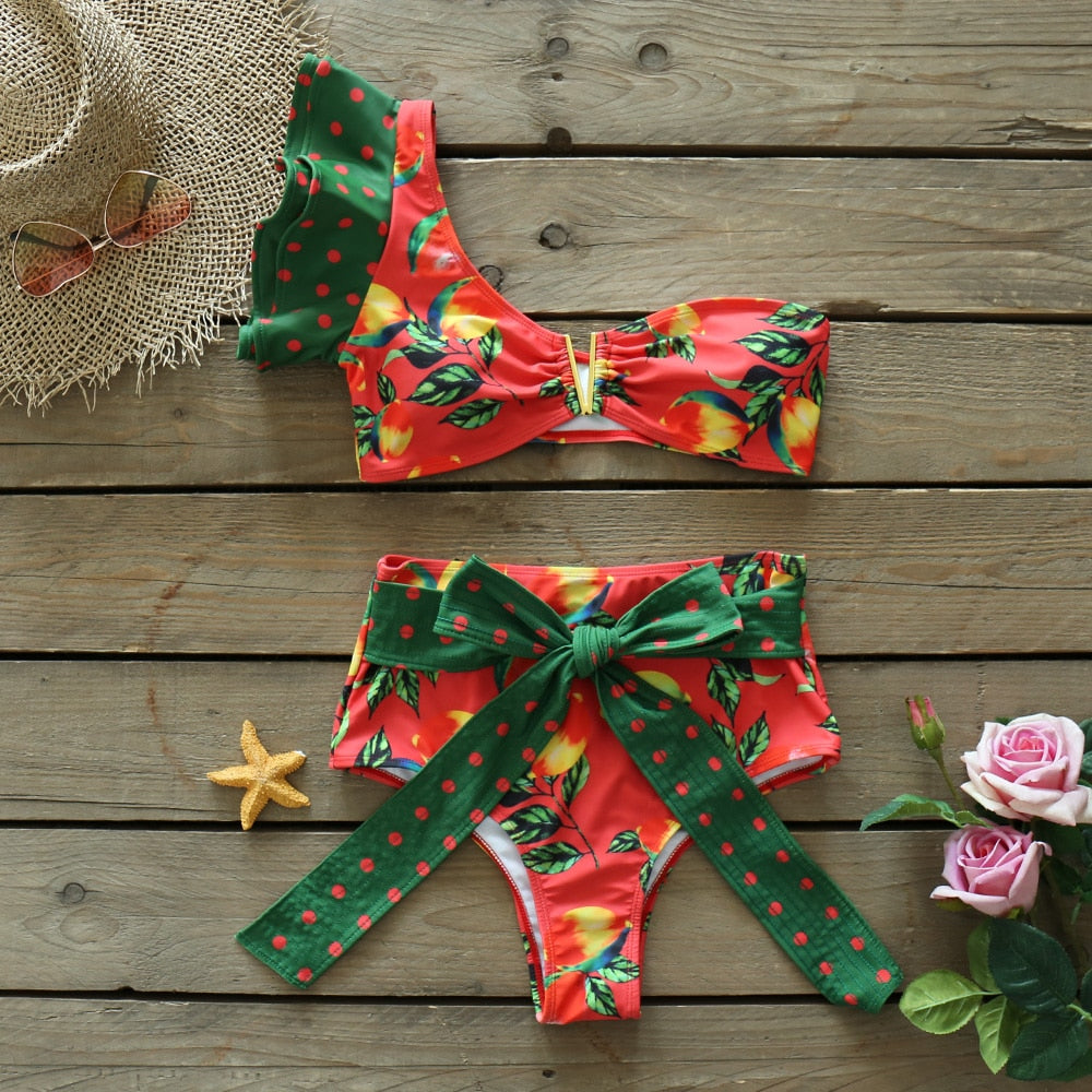 Two-Pieces Floral 2021 Push-Up Padded Bra Ruffles Bandage Bikini Set Swimsuit