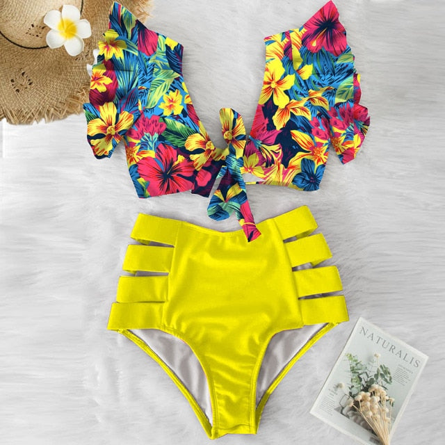 Sexy Bikinis Double Shoulder Ruffle Bikini Set High Waist Swimwear Women