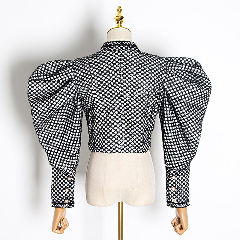 Ruched Plaid Coat For Women O Neck Puff Sleeve Short Female Coat Streetwear