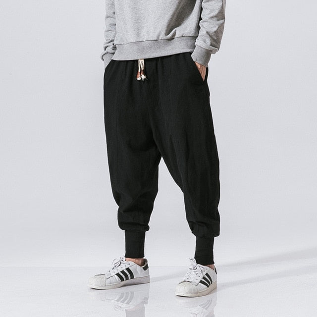 Cotton Harem Pants Men Streetwear Joggers Baggy Drop-crotch Casual Trousers