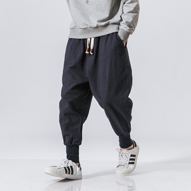 Cotton Harem Pants Men Streetwear Joggers Baggy Drop-crotch Casual Trousers