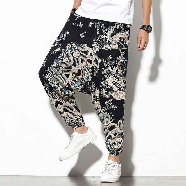 Cotton Harem Pants Men Streetwear Joggers Baggy Drop-crotch Casual Trousers