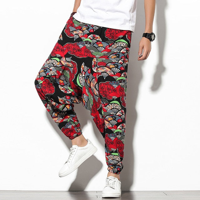 Cotton Harem Pants Men Streetwear Joggers Baggy Drop-crotch Casual Trousers