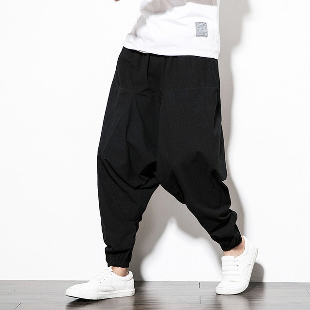 Cotton Harem Pants Men Streetwear Joggers Baggy Drop-crotch Casual Trousers