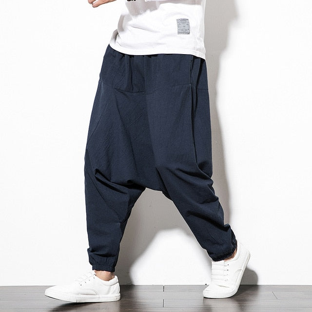 Cotton Harem Pants Men Streetwear Joggers Baggy Drop-crotch Casual Trousers