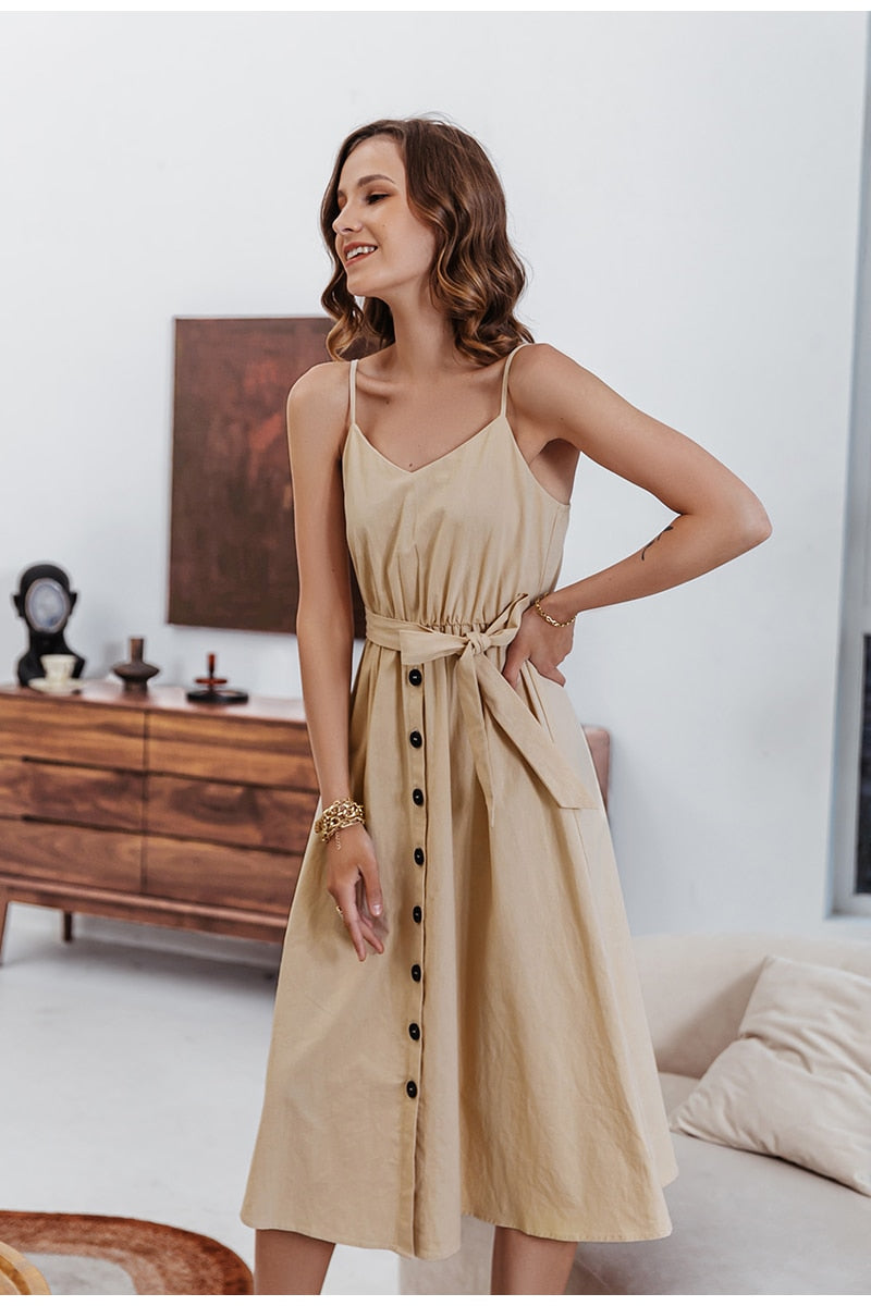 Casual Polka Dot Dress Sleeveless style high waist buttoned summer dresses