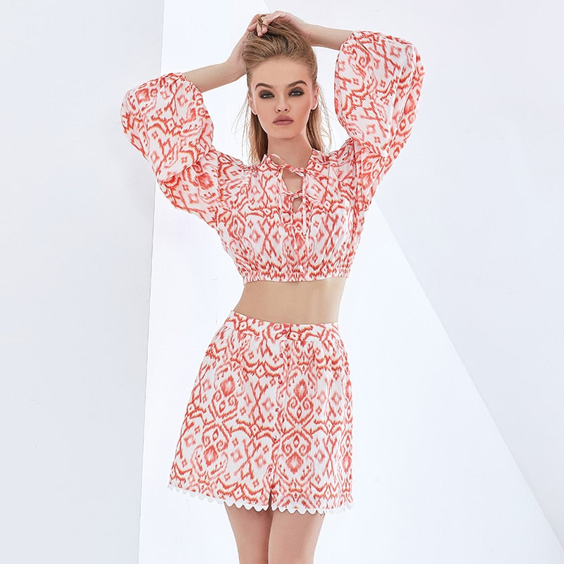 Print Lace Set Lantern Sleeve Tops High Waist Skirt Sexy Suit 2021 Summer Clothing