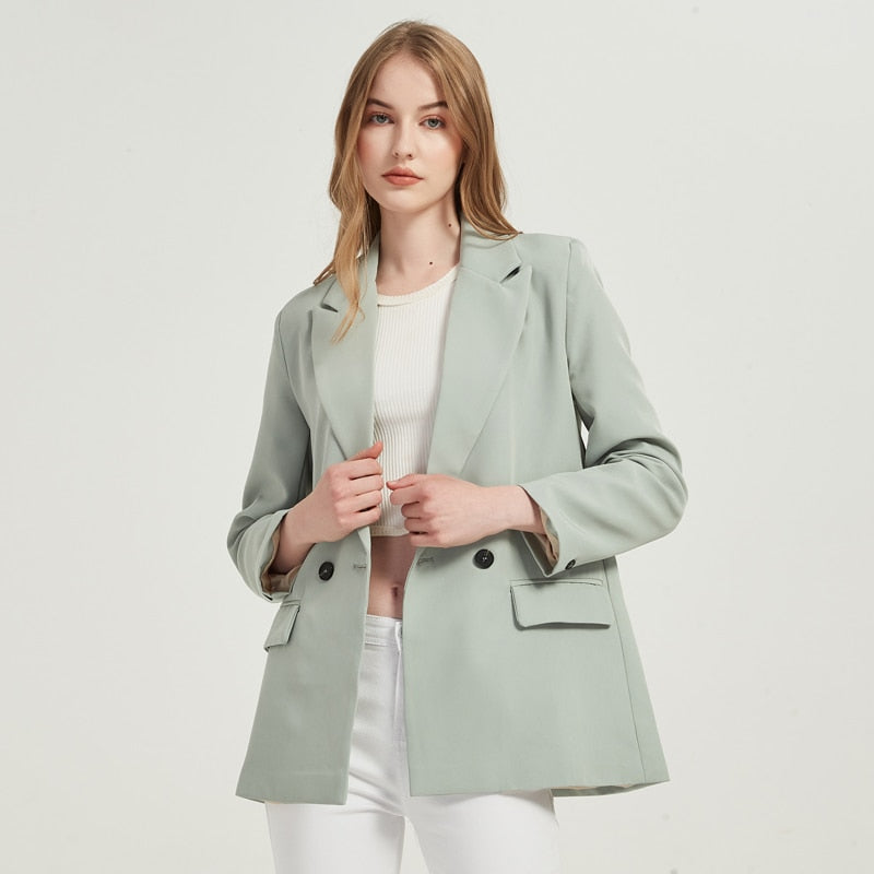 Fall-Winter Women's blazer jacket casual solid color double-breasted pocket coat