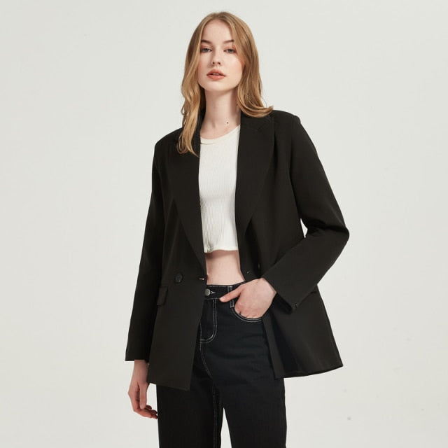 Fall-Winter Women's blazer jacket casual solid color double-breasted pocket coat