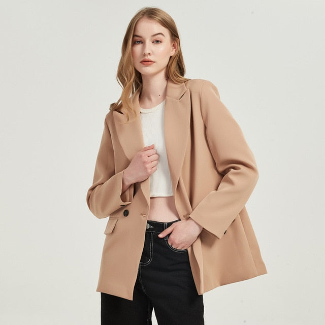 Fall-Winter Women's blazer jacket casual solid color double-breasted pocket coat