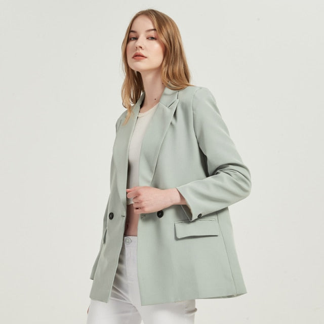 Fall-Winter Women's blazer jacket casual solid color double-breasted pocket coat