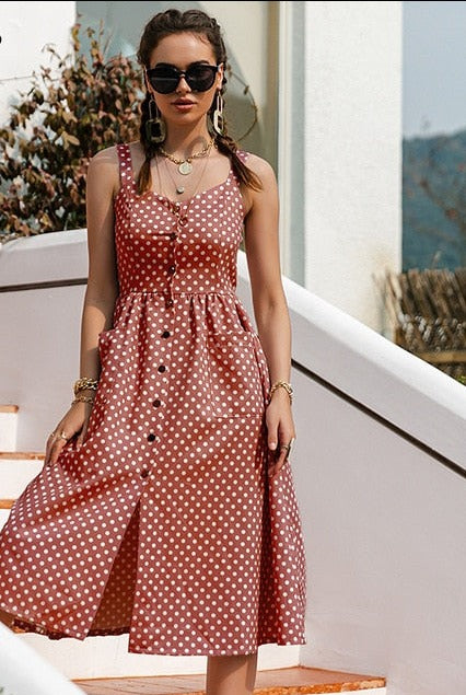 Casual Polka Dot Dress Sleeveless style high waist buttoned summer dresses