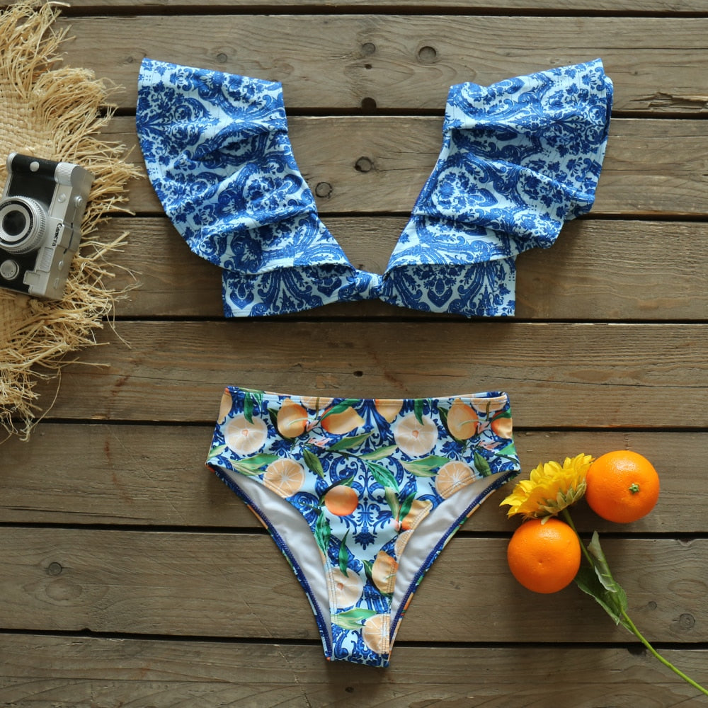 Two-Pieces Floral 2021 Push-Up Padded Bra Ruffles Bandage Bikini Set Swimsuit
