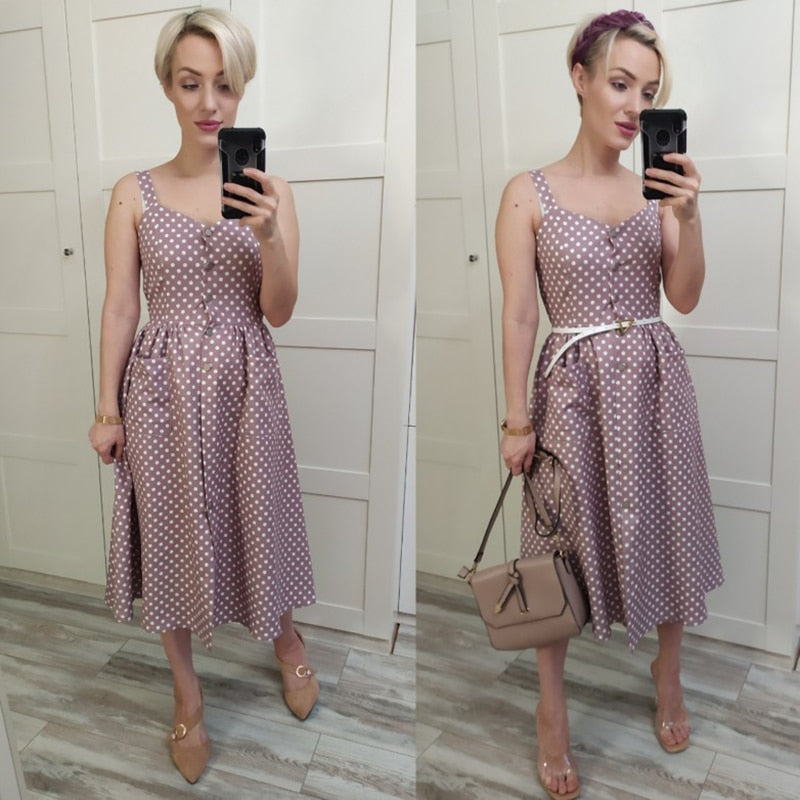Casual Polka Dot Dress Sleeveless style high waist buttoned summer dresses