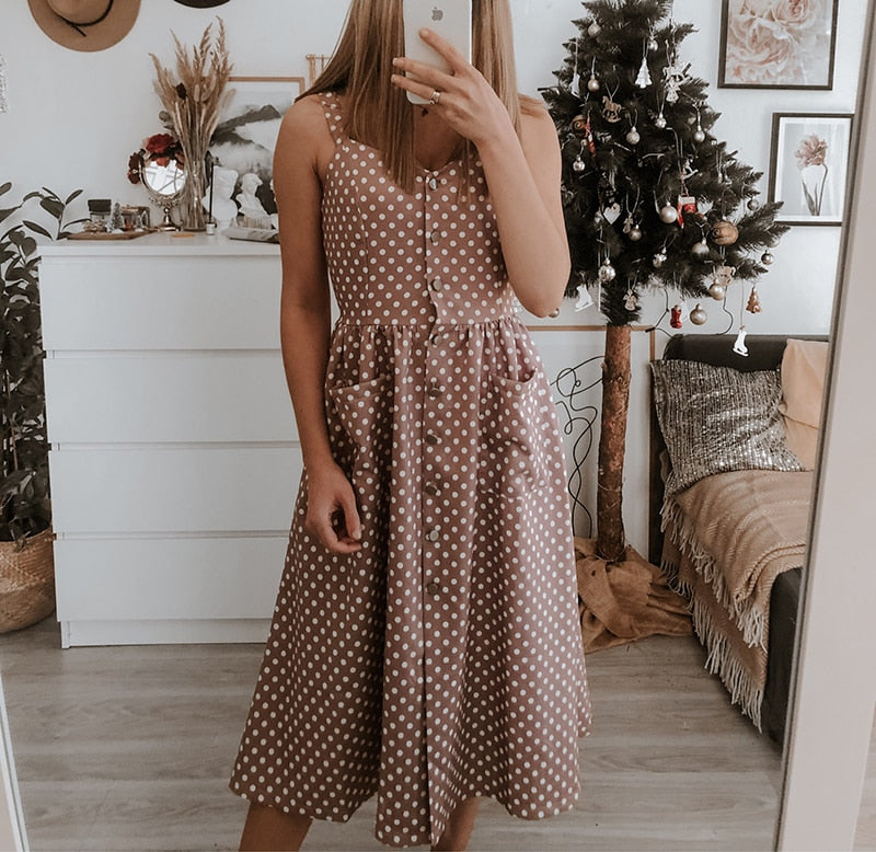 Casual Polka Dot Dress Sleeveless style high waist buttoned summer dresses
