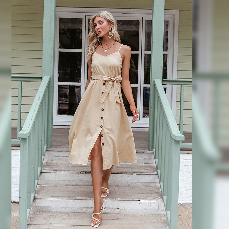 Casual Polka Dot Dress Sleeveless style high waist buttoned summer dresses