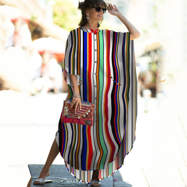 Causal Button Front Summer Beach Dress Tunic Women Plus Size Clothes Maxi Dresses
