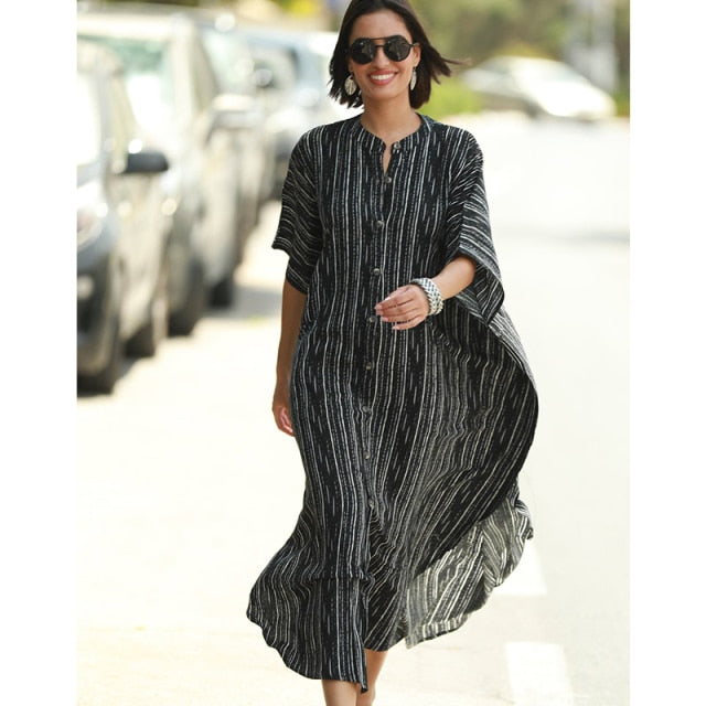 Causal Button Front Summer Beach Dress Tunic Women Plus Size Clothes Maxi Dresses