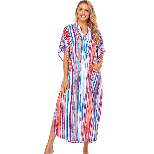 Causal Button Front Summer Beach Dress Tunic Women Plus Size Clothes Maxi Dresses
