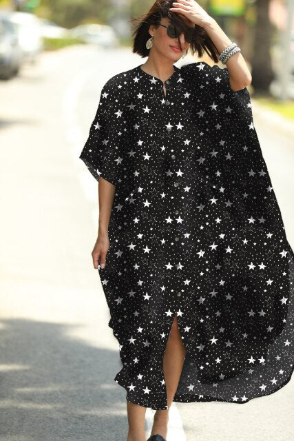 Causal Button Front Summer Beach Dress Tunic Women Plus Size Clothes Maxi Dresses