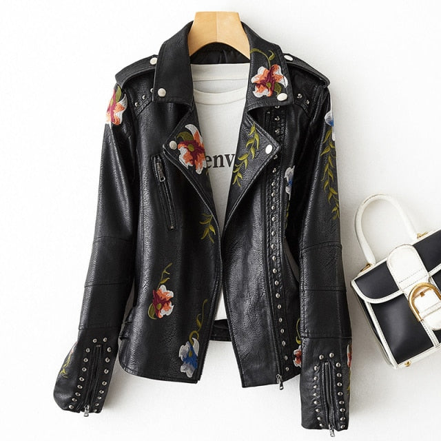 Women Retro Floral Print Embroidery Faux Soft Leather Jacket Coat Turndown Collar