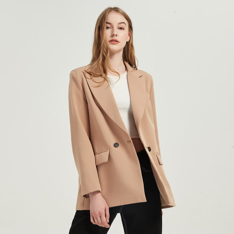 Fall-Winter Women's blazer jacket casual solid color double-breasted pocket coat