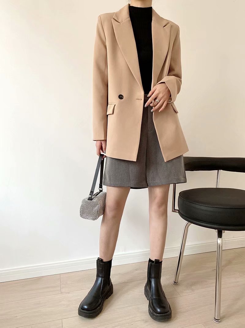 Fall-Winter Women's blazer jacket casual solid color double-breasted pocket coat