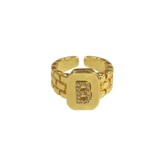 18k Gold Plated AAA Zircon A-Z Letter Ring Watchband Square Statement Gold Initial