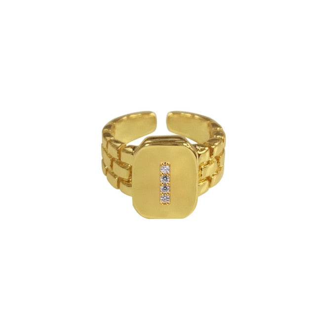 18k Gold Plated AAA Zircon A-Z Letter Ring Watchband Square Statement Gold Initial