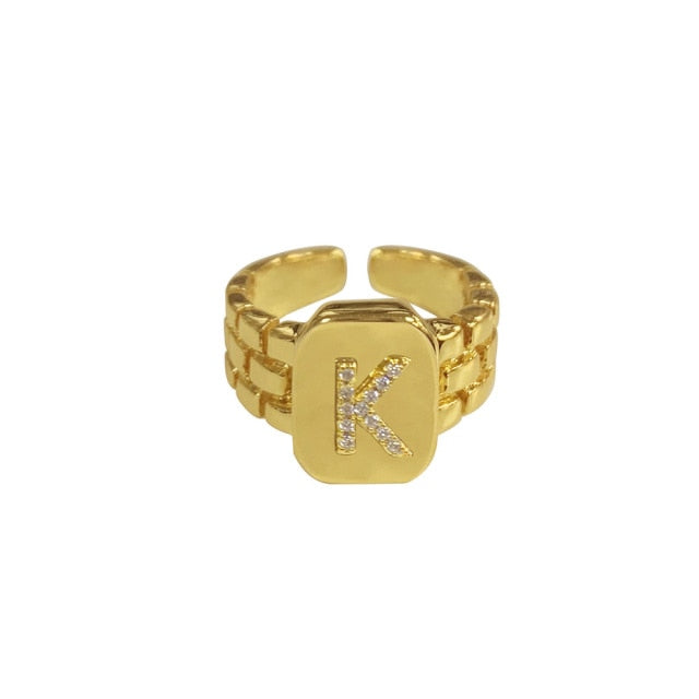 18k Gold Plated AAA Zircon A-Z Letter Ring Watchband Square Statement Gold Initial