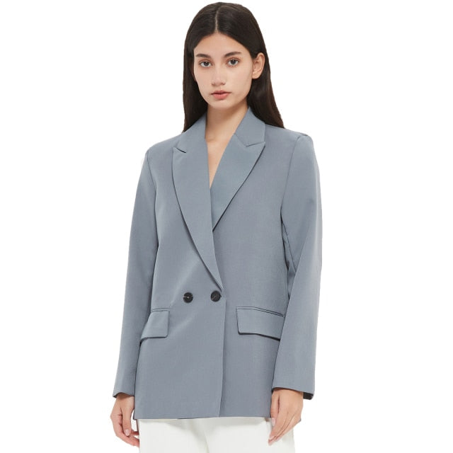 Fall-Winter Women's blazer jacket casual solid color double-breasted pocket coat