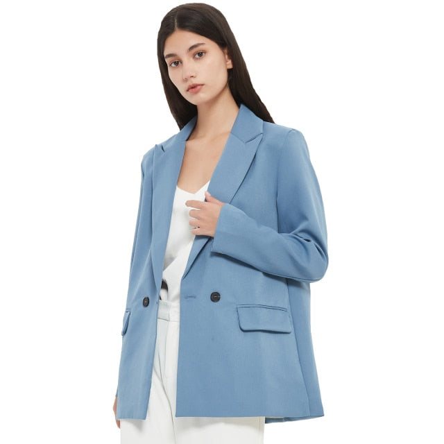 Fall-Winter Women's blazer jacket casual solid color double-breasted pocket coat