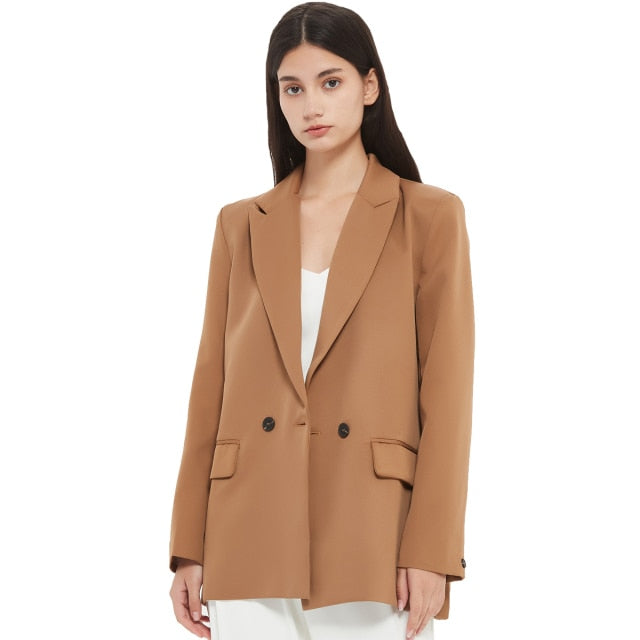 Fall-Winter Women's blazer jacket casual solid color double-breasted pocket coat