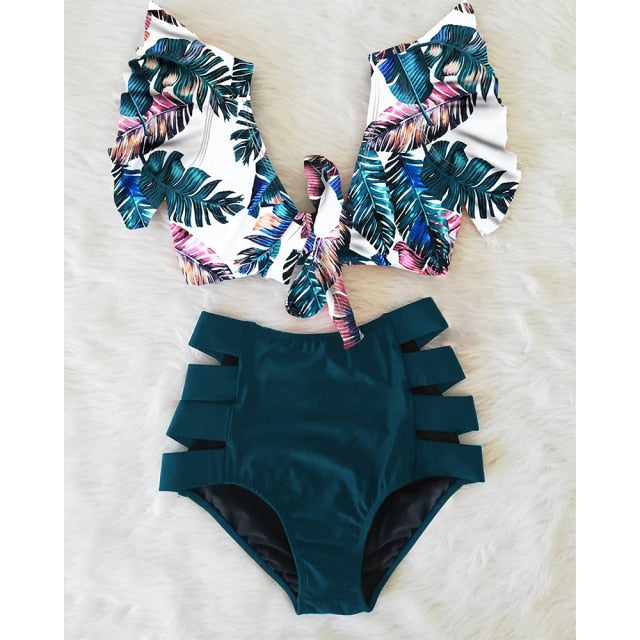 Sexy Bikinis Double Shoulder Ruffle Bikini Set High Waist Swimwear Women