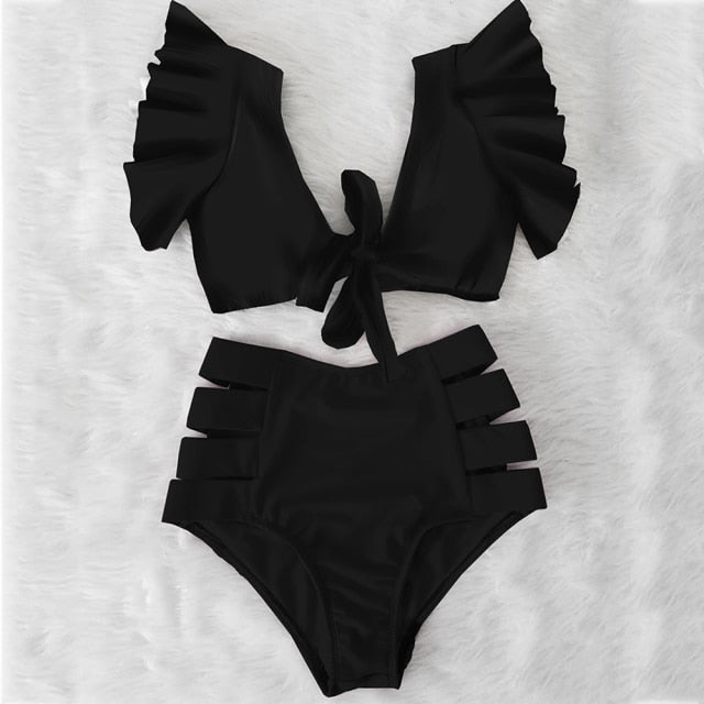 Sexy Bikinis Double Shoulder Ruffle Bikini Set High Waist Swimwear Women