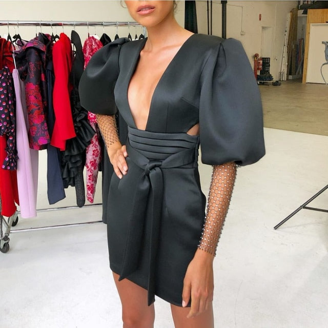Vestido blanco ceñido para mujer, vestido Sexy de verano de Vestido de fiesta de manga larga, negro y rojo con escote en v profundo, Espalda descubierta, trajes de noche para discoteca
