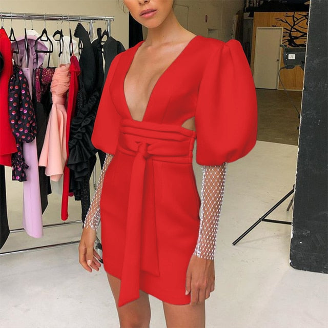 Vestido blanco ceñido para mujer, vestido Sexy de verano de Vestido de fiesta de manga larga, negro y rojo con escote en v profundo, Espalda descubierta, trajes de noche para discoteca