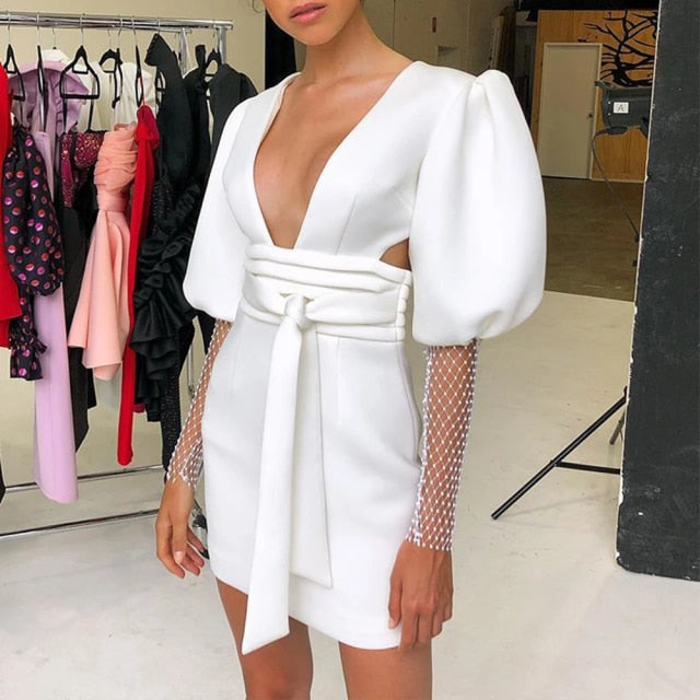 Vestido blanco ceñido para mujer, vestido Sexy de verano de Vestido de fiesta de manga larga, negro y rojo con escote en v profundo, Espalda descubierta, trajes de noche para discoteca