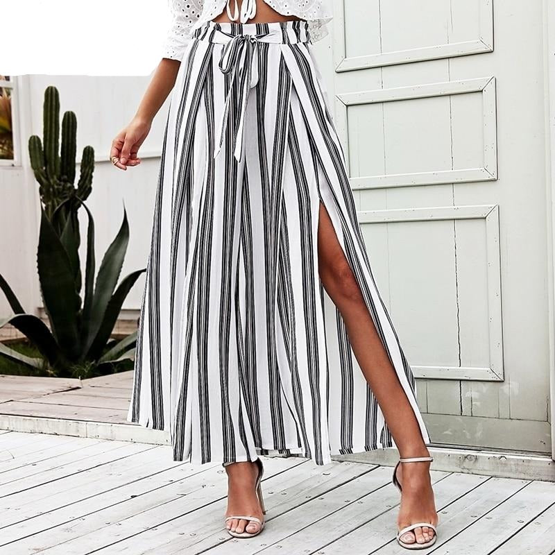 High waist loose striped summer pants streetwear Sexy side split pants wide leg pants