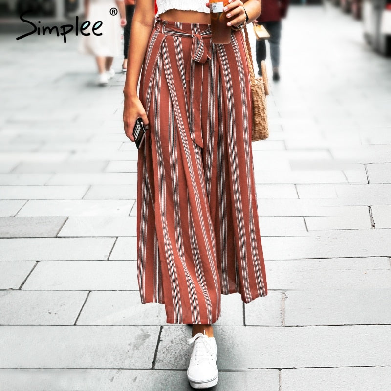 High waist loose striped summer pants streetwear Sexy side split pants wide leg pants