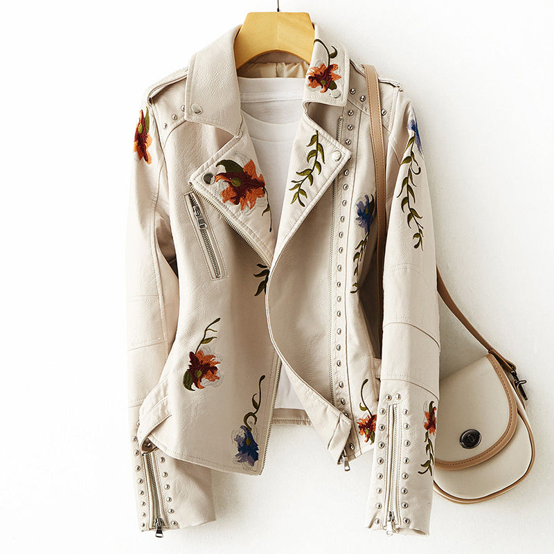 Women Retro Floral Print Embroidery Faux Soft Leather Jacket Coat Turndown Collar