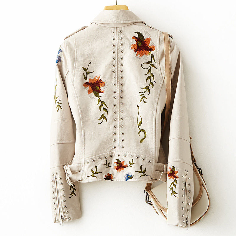 Women Retro Floral Print Embroidery Faux Soft Leather Jacket Coat Turndown Collar