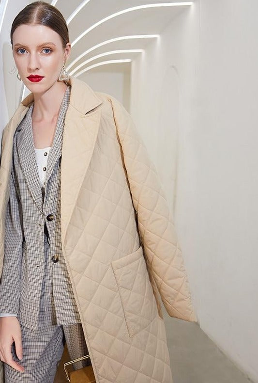 Long straight winter coat rhombus pattern Casual women parkas stylish outerwear