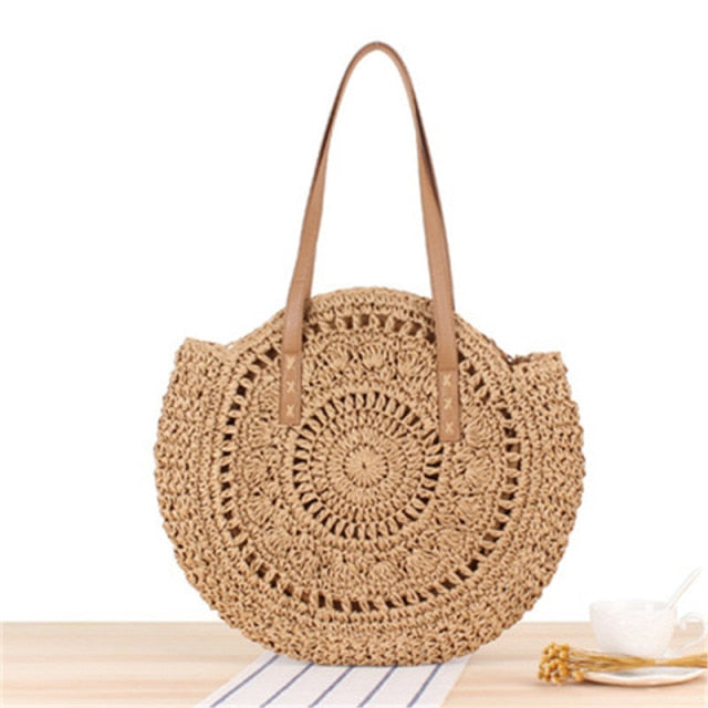 Round Zipper Fashionable Straw Woven Bag Handmade Summer Beach Women Bags