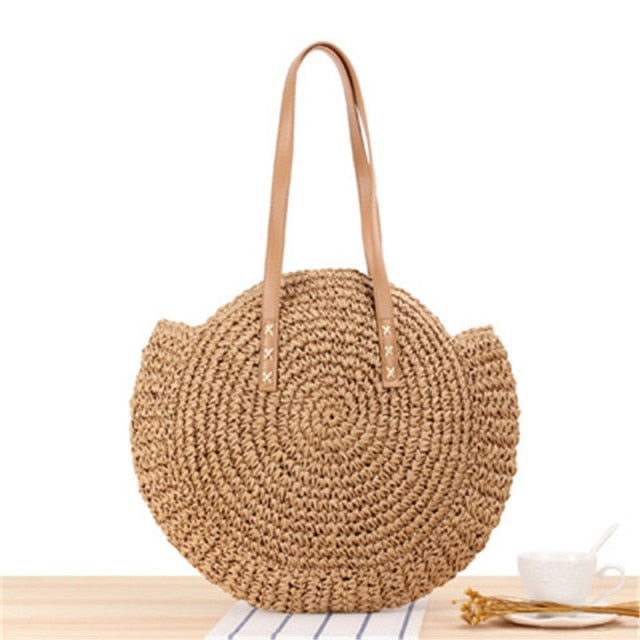 Round Zipper Fashionable Straw Woven Bag Handmade Summer Beach Women Bags