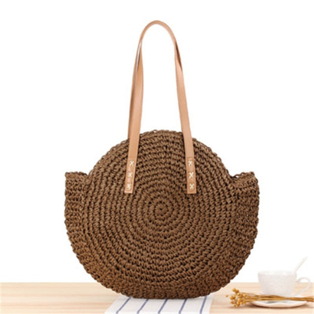 Round Zipper Fashionable Straw Woven Bag Handmade Summer Beach Women Bags