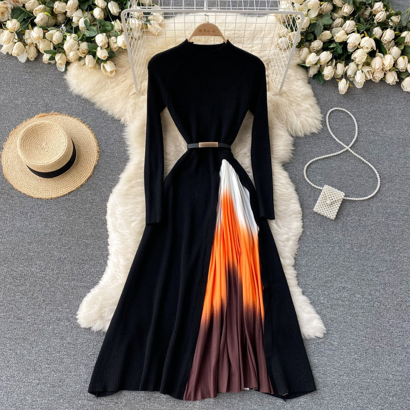 Retro Print Pleated Dress Women Elegant Knitted Gradient Patchwork Long Sleeve