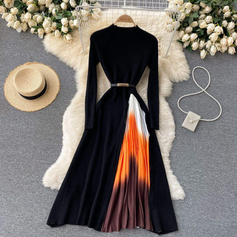 Retro Print Pleated Dress Women Elegant Knitted Gradient Patchwork Long Sleeve