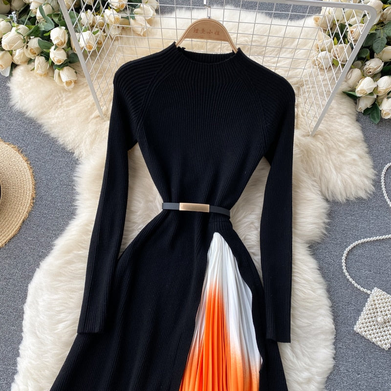Retro Print Pleated Dress Women Elegant Knitted Gradient Patchwork Long Sleeve
