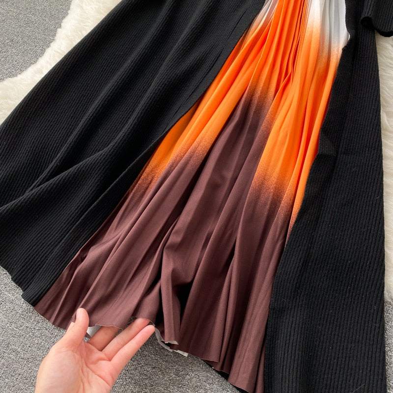 Retro Print Pleated Dress Women Elegant Knitted Gradient Patchwork Long Sleeve